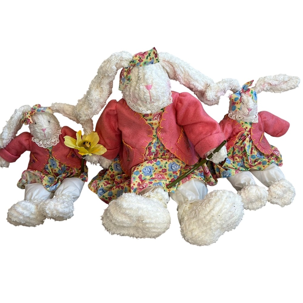 Vintage Plush Bunny Rabbit Trio Floral Dress‎ Pink Chenille Easter Decor 3pc